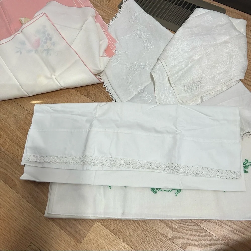 Vintage Embroidered Pillow Case Lace Doily Napkins Handkerchief Mixed Lot Bundle